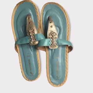 Reindeer Womens‎ Low Wedge Turquoise Sandals,Embellished slip On